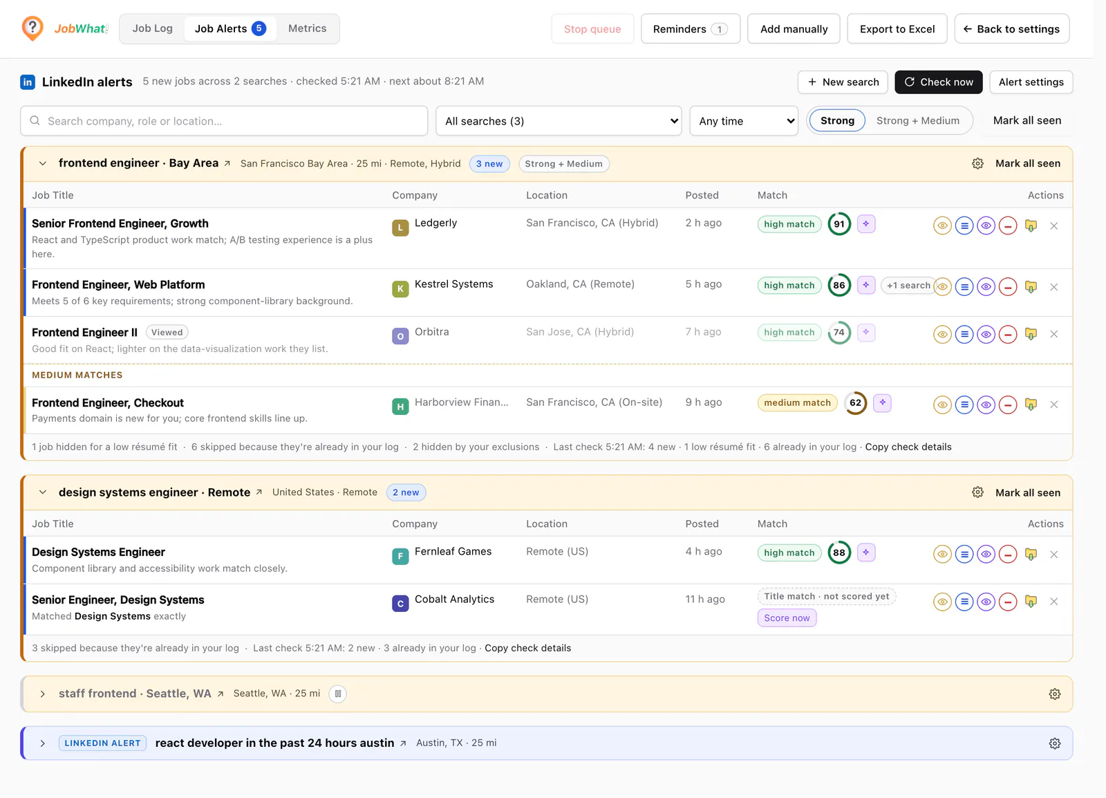 The JobWhat Job Alerts tab. A summary line reads "5 new jobs across 2 searches, checked 5:20 AM, next about 8:20 AM." Two expanded groups list jobs from fictional companies with match chips, résumé scores and action icons. Below them, a paused search shows a pause icon.