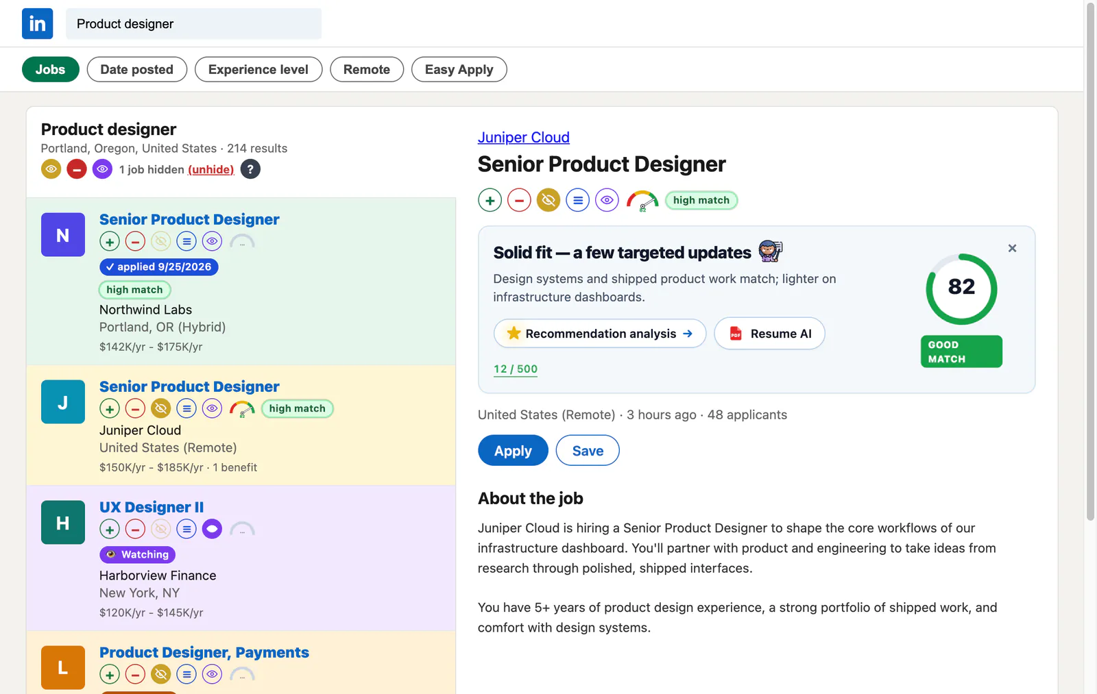 A LinkedIn job page with a JobWhat banner reading "Solid fit, a few targeted updates" and a match score of 82, with buttons for Recommendation analysis and Resume AI.
