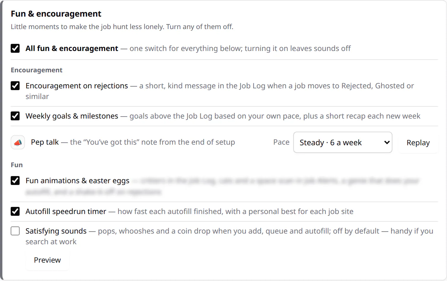 JobWhat's Fun & encouragement settings with the "Fun animations & easter eggs" checkbox ticked. The description next to it is blurred.