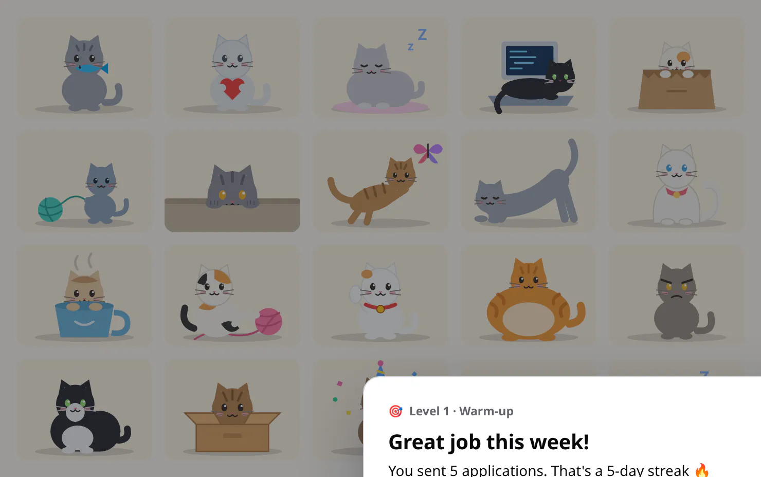 A grid of twenty cartoon cats: sleeping, stretching, in a box, in a coffee cup, on a laptop, wearing sunglasses, a party hat and more.
