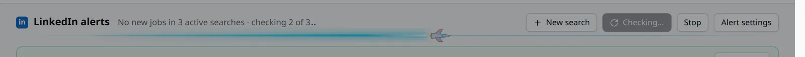 The Job Alerts status line reading "checking 2 of 3", with a glowing blue streak and a tiny ship racing along under it.