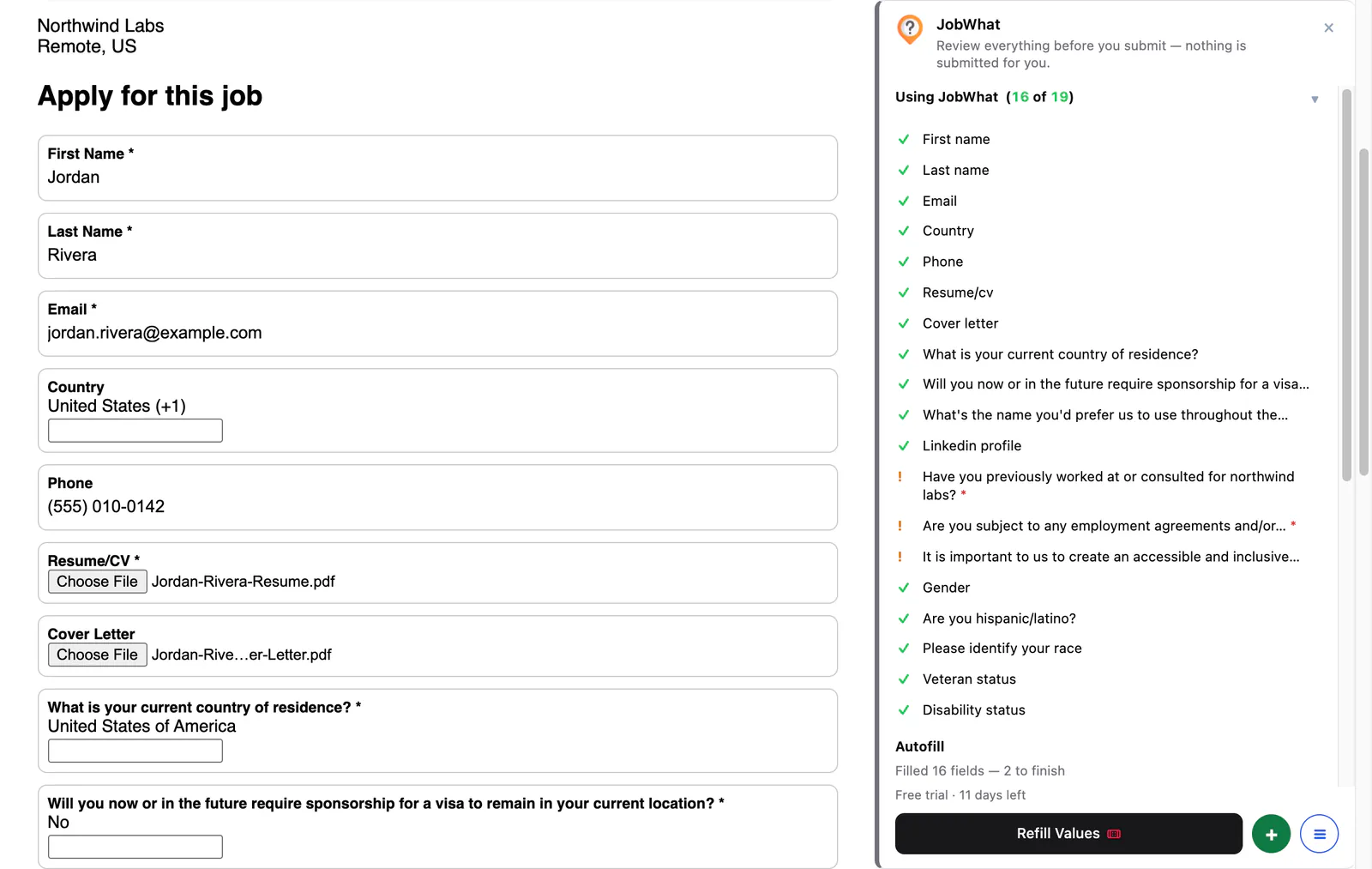 A Greenhouse application form filled in with a sample candidate's name, email, phone, resume and cover letter. The JobWhat side panel lists each field with a check mark and flags three questions that still need an answer.