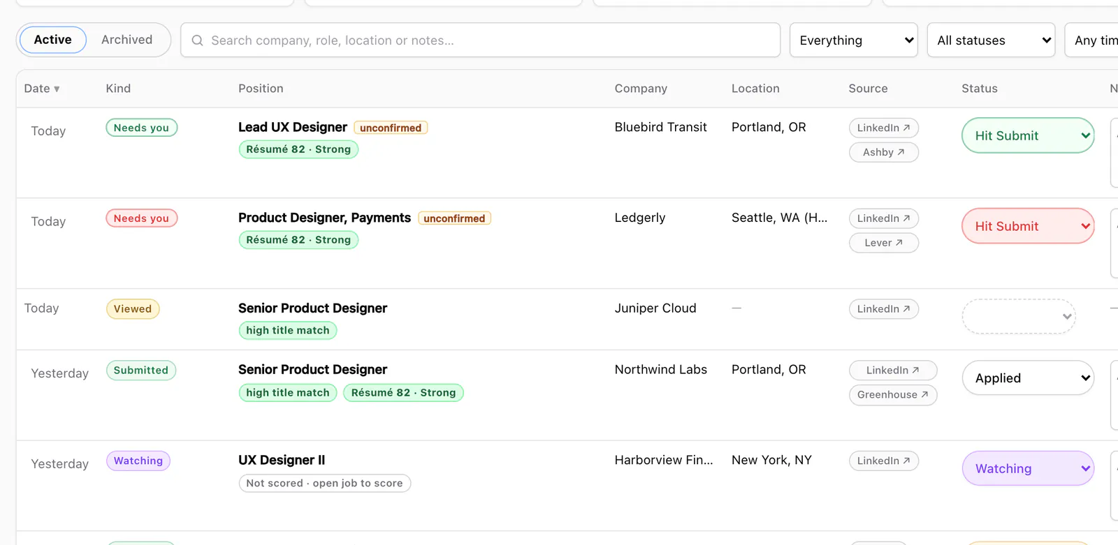 The JobWhat job log table with columns for date, kind, position, company, location, source and status. Two queued jobs show Hit Submit, one green and one red, and source chips link to LinkedIn, Ashby, Lever and Greenhouse.