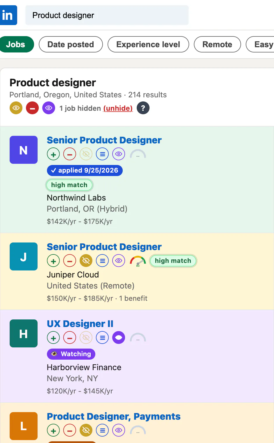 LinkedIn job cards with JobWhat buttons under each title. An applied job is tinted green, a viewed job yellow and a watched job purple; the header shows one hidden job with an unhide link.