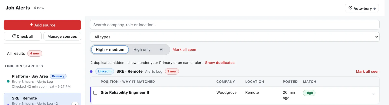 A non-primary alert in JobWhat's Job Alerts. Above its results, a line reads "2 duplicates hidden · shown under your Primary or an earlier alert" with a Show duplicates link.