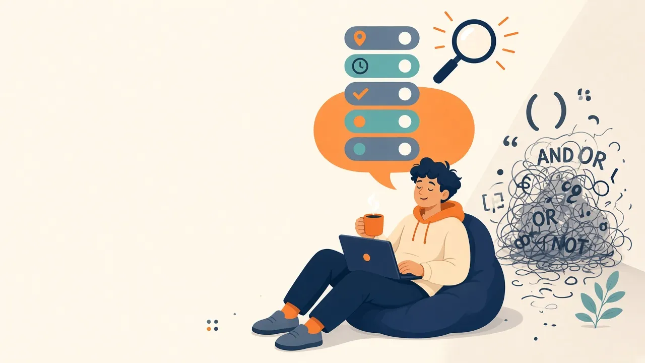 A relaxed cartoon job seeker on a beanbag with a laptop and coffee. A speech bubble above them turns into a tidy stack of filter toggles and a magnifying glass, while a tangled pile of parentheses, quotes and the words AND, OR and NOT is swept into the corner.